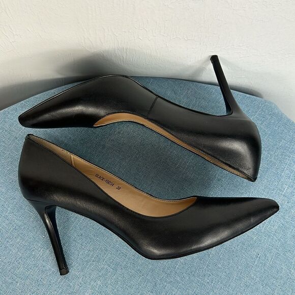 Bacia Black Leather Pointed Toe Classic High Stiletto Pumps Size 38 - Picture 5 of 9